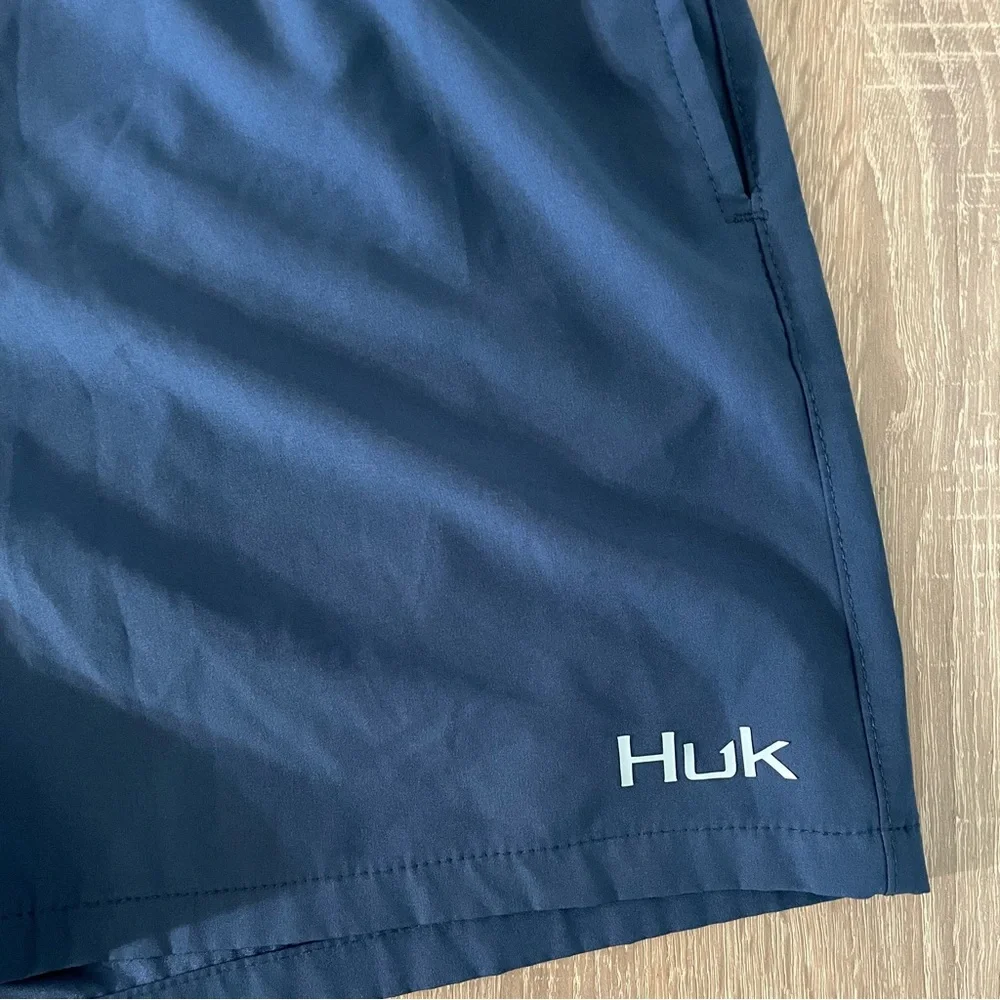 Huk Men's Navy Swim Trunks with Light Blue Drawstring
